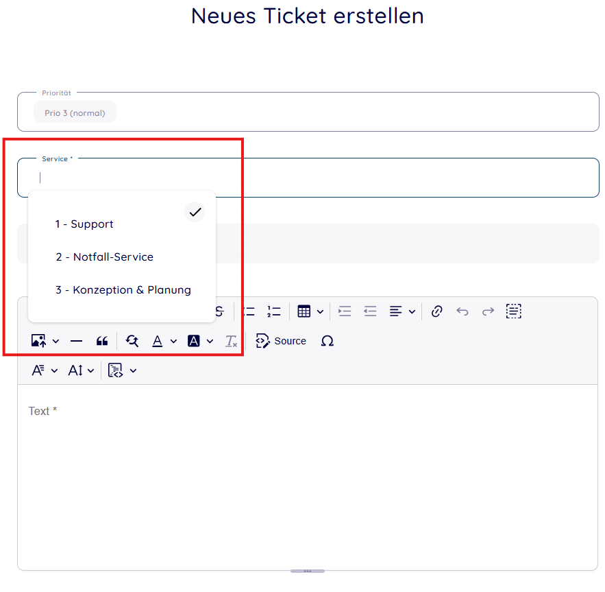 Service-Auswahl im Ticketformular (Support, Notfall-Service, Konzeption & Planung)